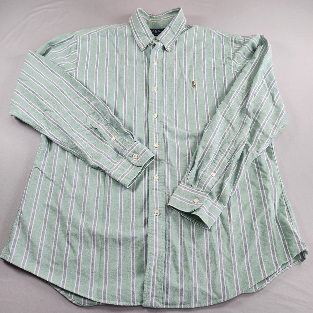 Polo Ralph Lauren Men's Shirt XL Long Sleeve Custom Fit Green Striped Flesh Pony